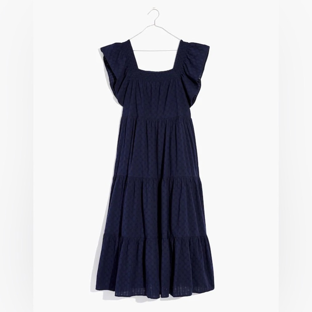 Madewell Navy Ruffle Sleeve Midi Dress cotton textured